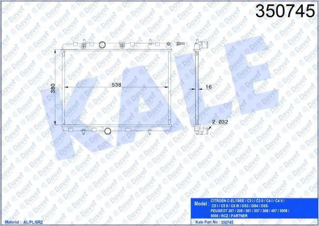 KALE 350745 Motor Su Radyatoru Citroen C-Elysee / C3 I / C3 Ii / C4 I / C4 Ii / C5 I / C5 Ii / C5 Iii / Ds3 / Ds4 / Ds5 - Peugeot 207 / 208 / 301 / 307 / 308 / 407 / 1007 / 2008 / 3008 / 5008 / Rcz / Partner 09> (Mt) (16mm) (Al/Pl/Brz)